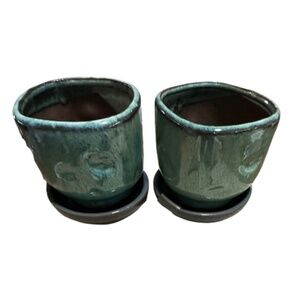 Small Green Ceramic Planters with Trays (Set of 2)
